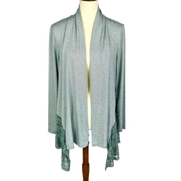 LOGO Lori Goldstein Green Pinstripe Lace Trim Knit Open Front Cardigan Medium - Picture 1 of 11